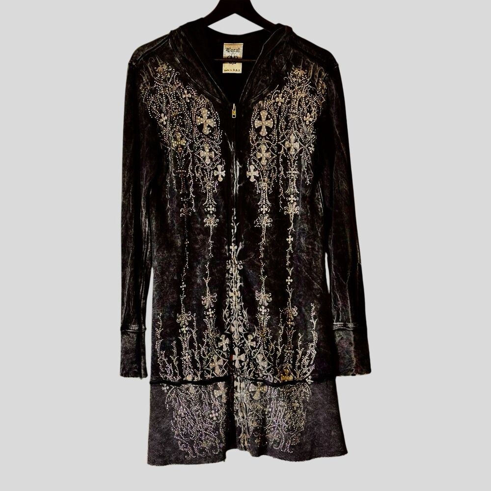 Vintage Y2K Vocal USA Rhinestone Hoodie Tunic Cross Grunge Affliction Slouch SM